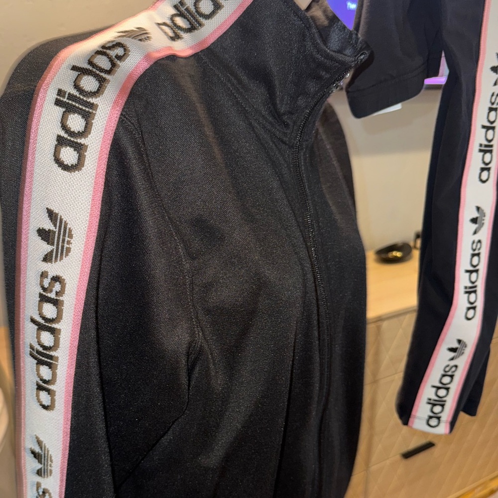 Adidas Black Tracksuit with White/pink Stripes
